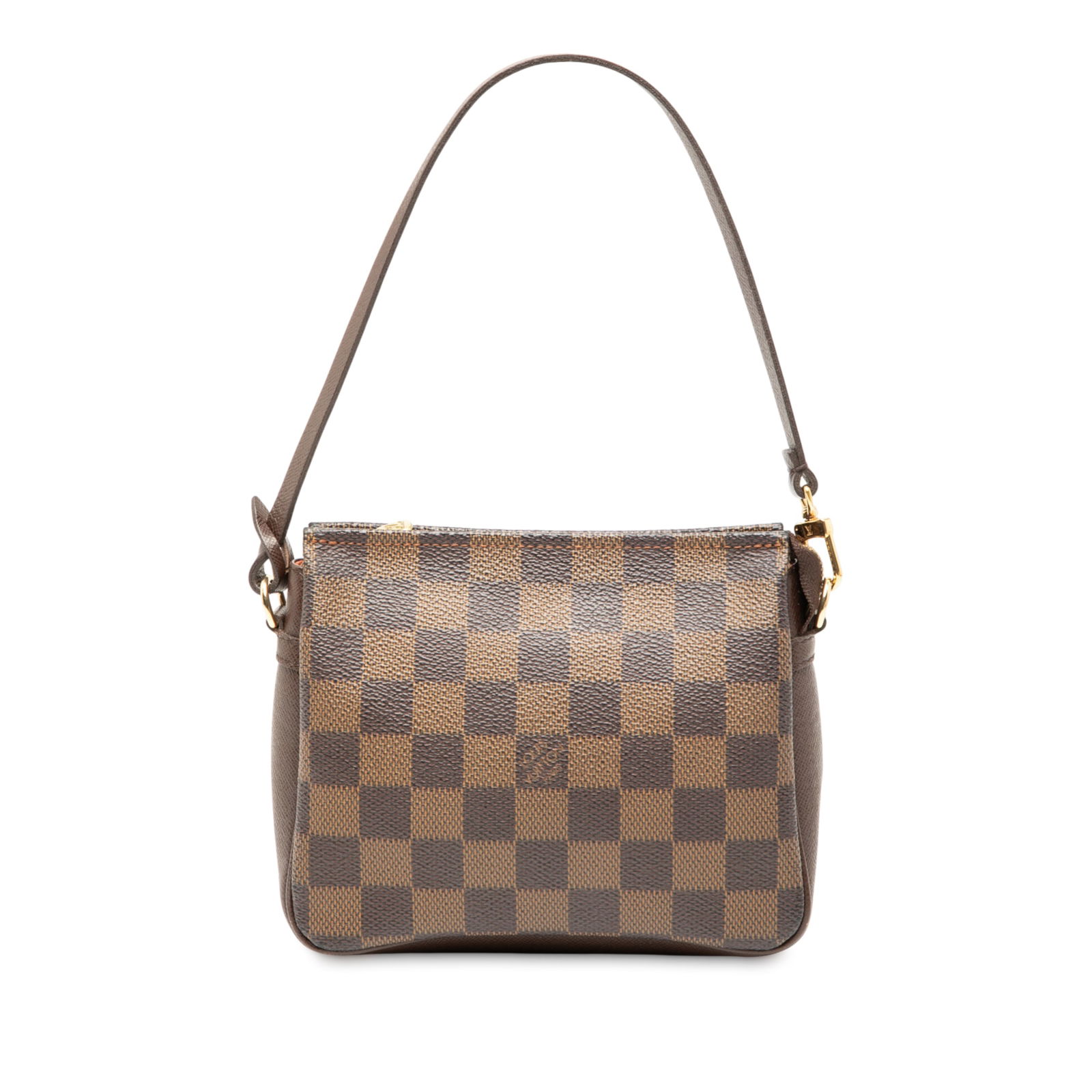 Damier Ebene canvas pouch by Louis Vuitton with leather accents: Damier Ebene canvas pouch by Louis Vuitton with leather accents The Louis Vuitton Damier Ebene Trousse Pochette features a damier canvas body with leather trim, a flat leather strap, and a top zip clo