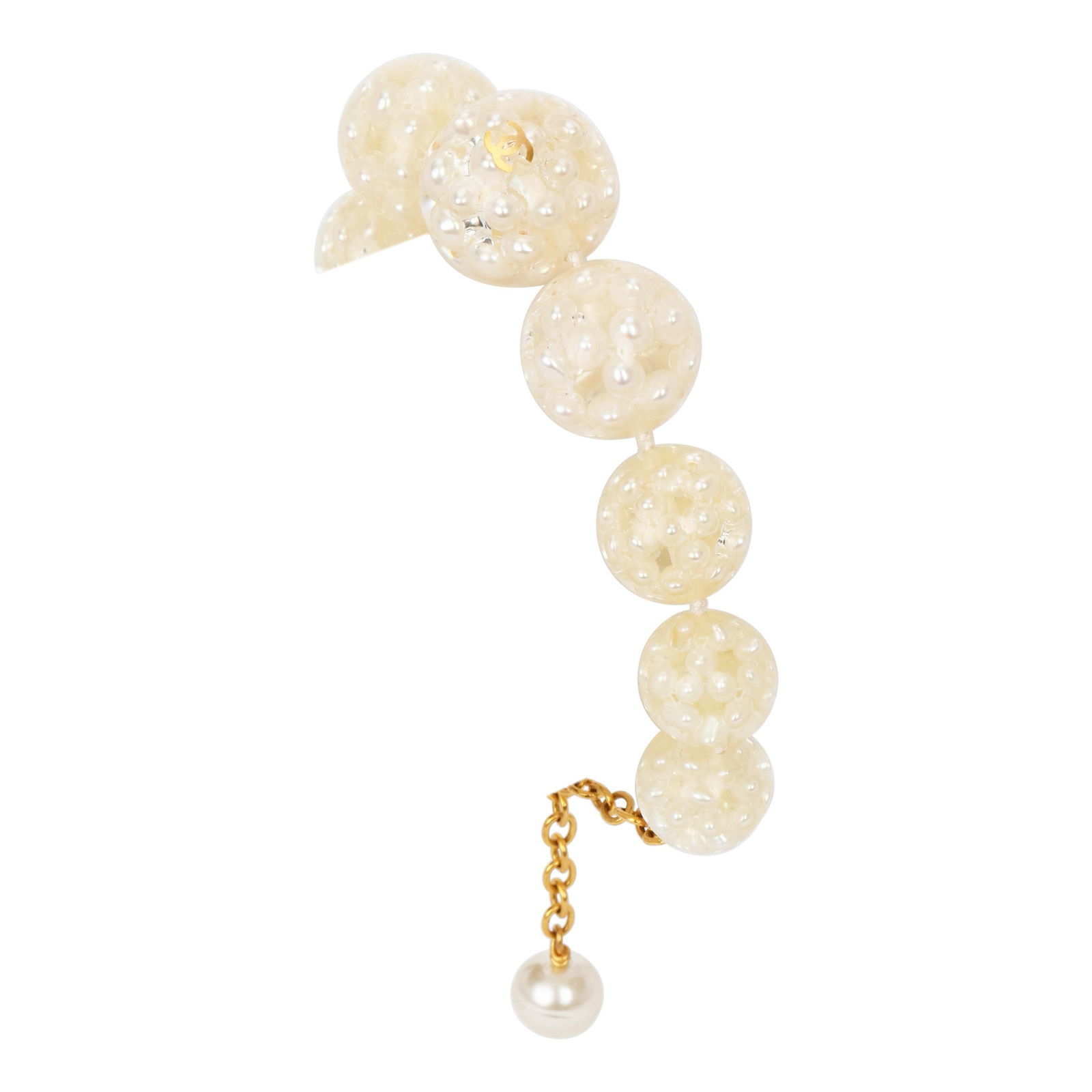Chanel 1990 Sphere Micro Pearls Adjustable Bracelet: Chanel 1990 Sphere Micro Pearls Adjustable Bracelet This exquisite Chanel Sphere Micro Pearls Bracelet features a unique design with nine spheres, each delicately filled with micro pearls. It showcase