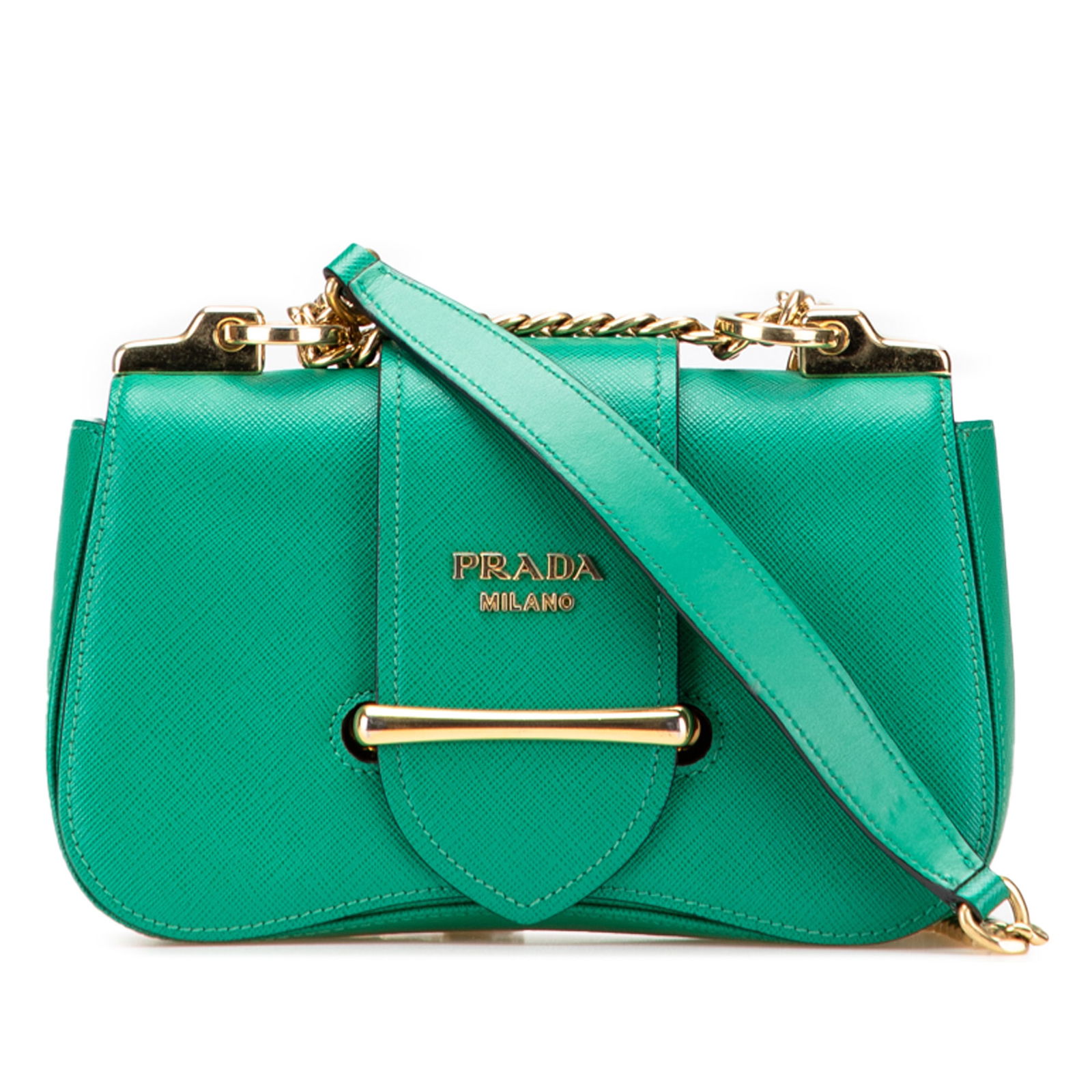 Prada Saffiano Sidonie Green Leather Crossbody Bag: Prada Saffiano Sidonie Green Leather Crossbody Bag Introducing the Prada Saffiano Sidonie Crossbody, a stylish accessory crafted from premium saffiano leather. This elegant bag features a chain link s
