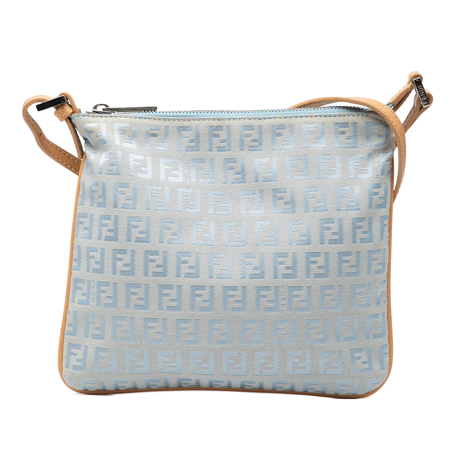 Fendi Zucchino Canvas Blue Crossbody Bag with Leather Trim: Fendi Zucchino Canvas Blue Crossbody Bag with Leather Trim The Fendi Zucchino Canvas Crossbody features a blue canvas body with leather trim, a flat leather strap, a top zip closure, and an interior s
