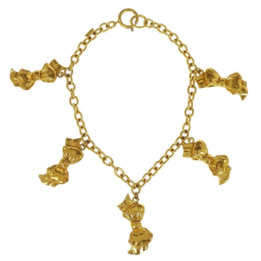 Gold Plated Pendant Necklace with Bow Charm by Chanel: Gold Plated Pendant Necklace with Bow Charm by Chanel This Chanel bow chain necklace features a gold-plated finish and a charming pendant in the shape of a bow. The elegant design showcases a pendant