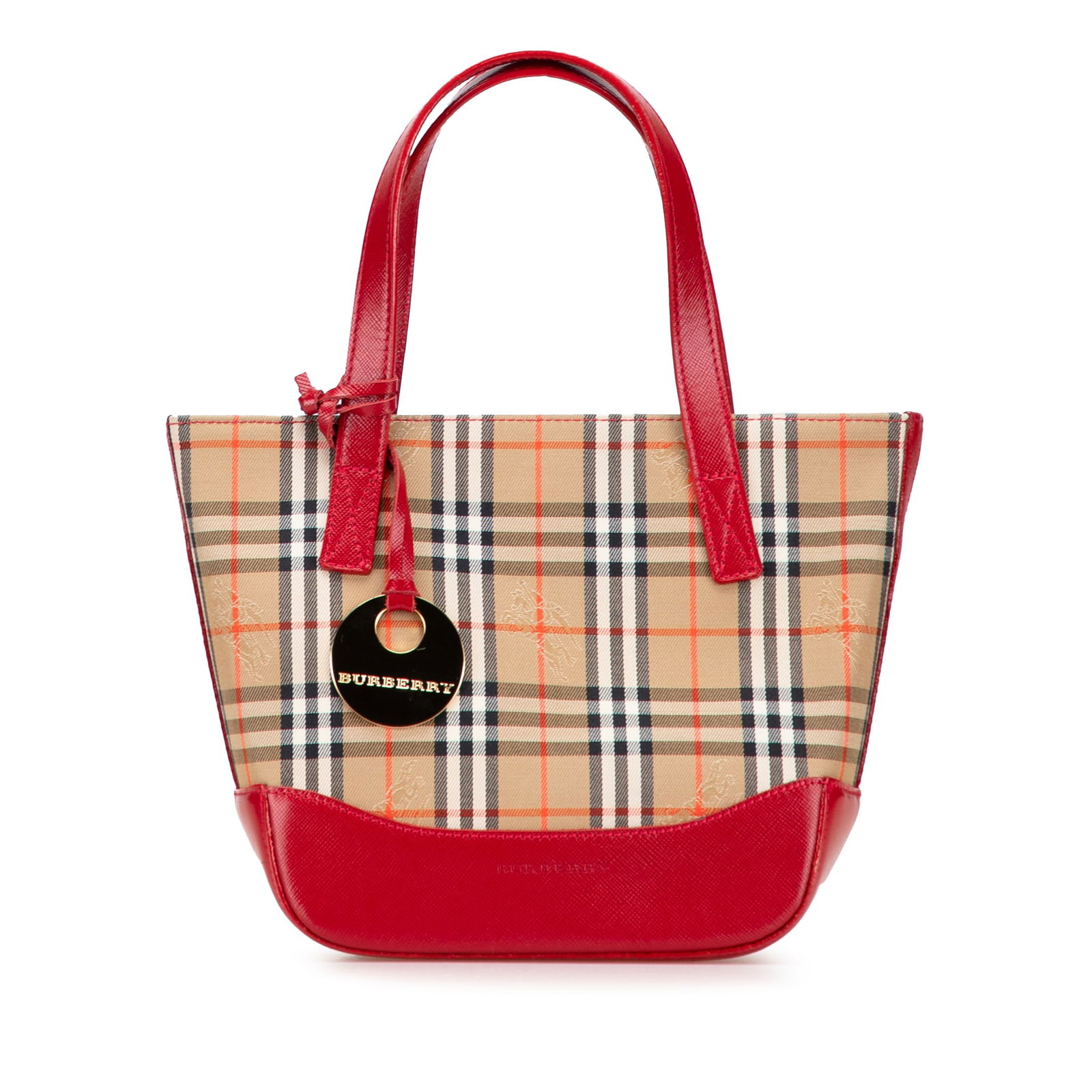 Burberry Haymarket Check Canvas Handbag with Leather Trim: Burberry Haymarket Check Canvas Handbag with Leather Trim This Burberry Haymarket Check Canvas Handbag showcases a classic haymarket check canvas design complemented by a durable leather bottom. It fe