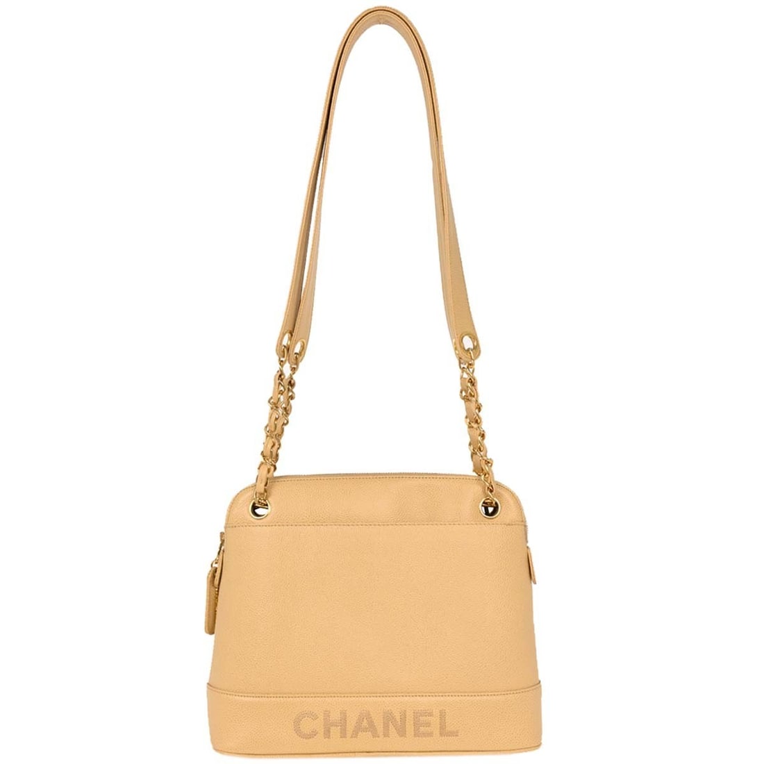 Chanel Beige Caviar Leather Shoulder Bag with Double Handles: Chanel Beige Caviar Leather Shoulder Bag with Double Handles Elevate your casual style with this Chanel Beige Calfskin Shoulder Bag, crafted from luxurious caviar skin leather. This medium-sized shoul