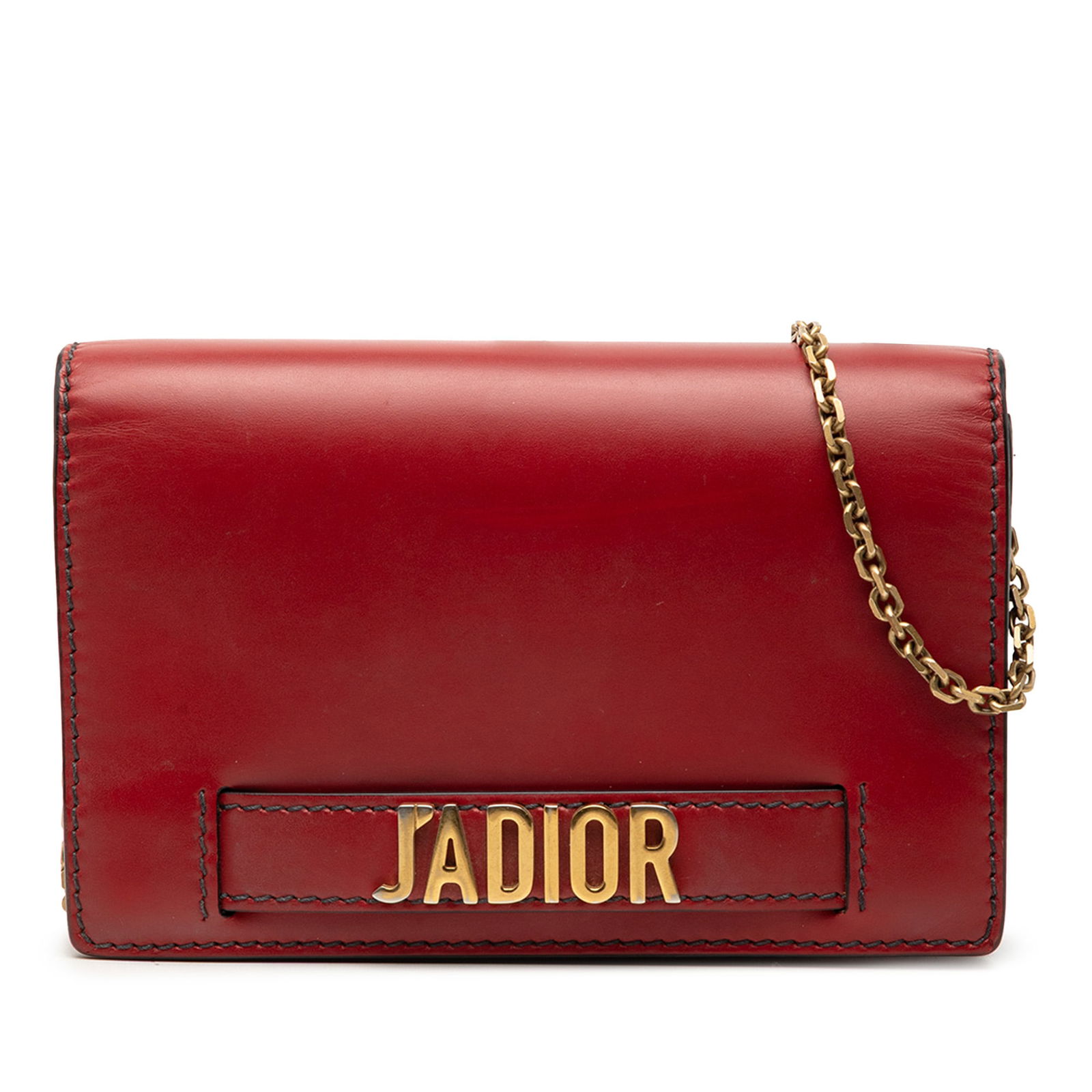 Dior JAdior Red Leather Wallet On Chain With Gold Tone Strap: Dior JAdior Red Leather Wallet On Chain With Gold Tone Strap This Dior Calfskin J'Adior wallet on chain features a red leather body with a gold tone chain strap, a front flap with a magnetic snap butt
