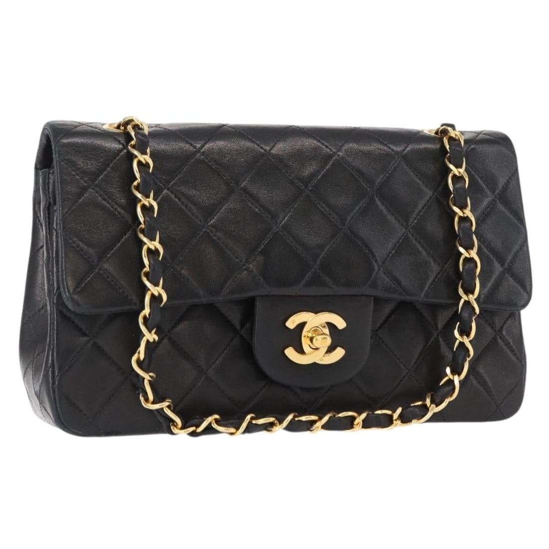 CHANEL Double Flap Matelasse Shoulder Bag Black Gold Lamb Skin Auth 158357SM: CHANEL Double Flap Matelasse Shoulder Bag Black Gold Lamb Skin Auth 158357SM Introducing the CHANEL Chain Double Flap Matelasse 23 Bag crafted from luxurious lambskin in a striking black and gold colo
