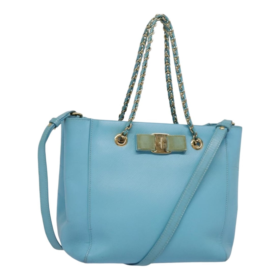 Vara Bow Chain Tote Blue Leather Handbag by Salvatore Ferragamo: Vara Bow Chain Tote Blue Leather Handbag by Salvatore Ferragamo This Salvatore Ferragamo Vara Bow Chain Tote is crafted from blue leather and features signature Vara bow detailing. Designed for women,