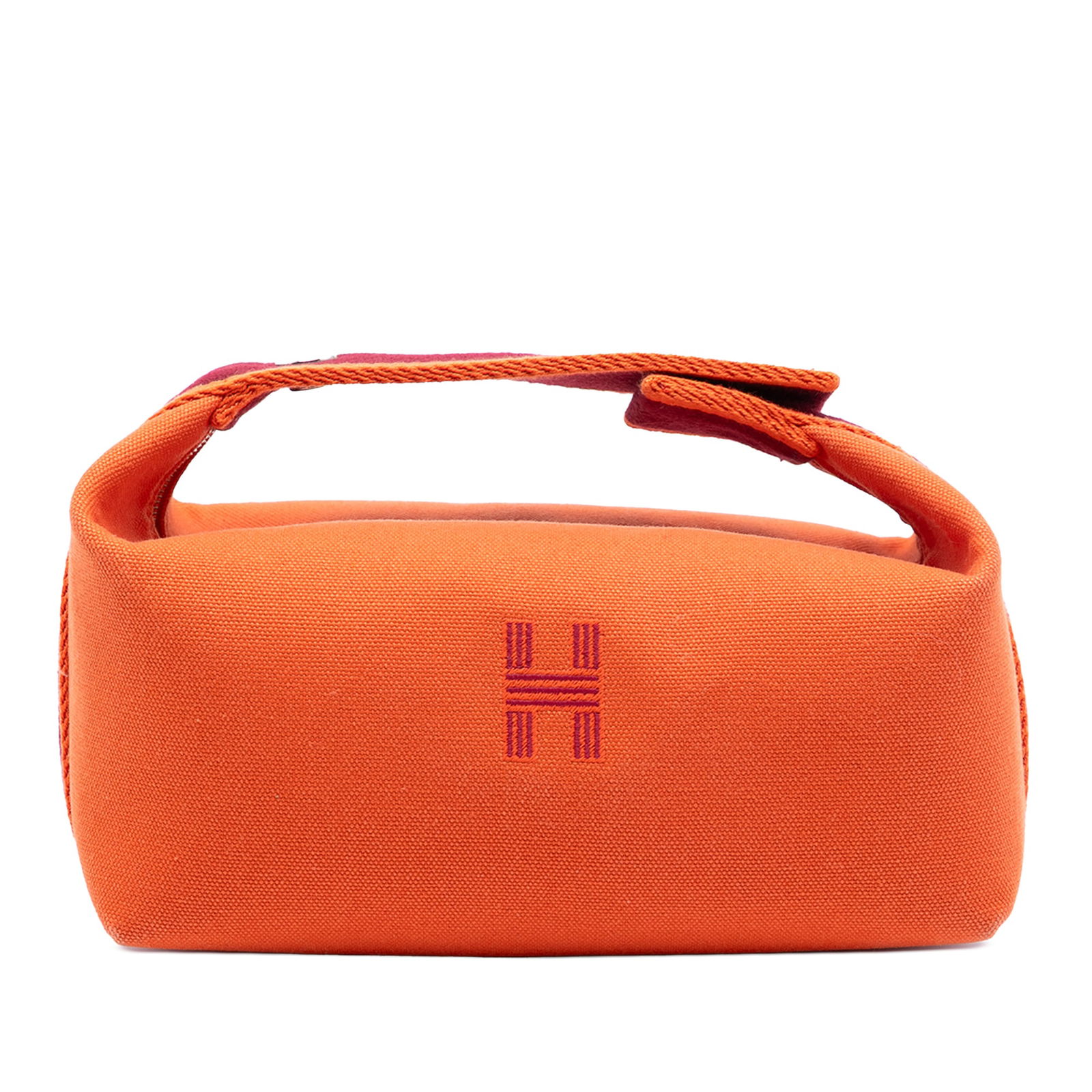 Small Bride-A-Brac Canvas Pouch by Hermes with Top Zip Closure: Small Bride-A-Brac Canvas Pouch by Hermes with Top Zip Closure This Hermes Small Toile Bride-A-Brac Case features an orange canvas body, a flat handle, a top zip closure, and interior slip pockets. Th