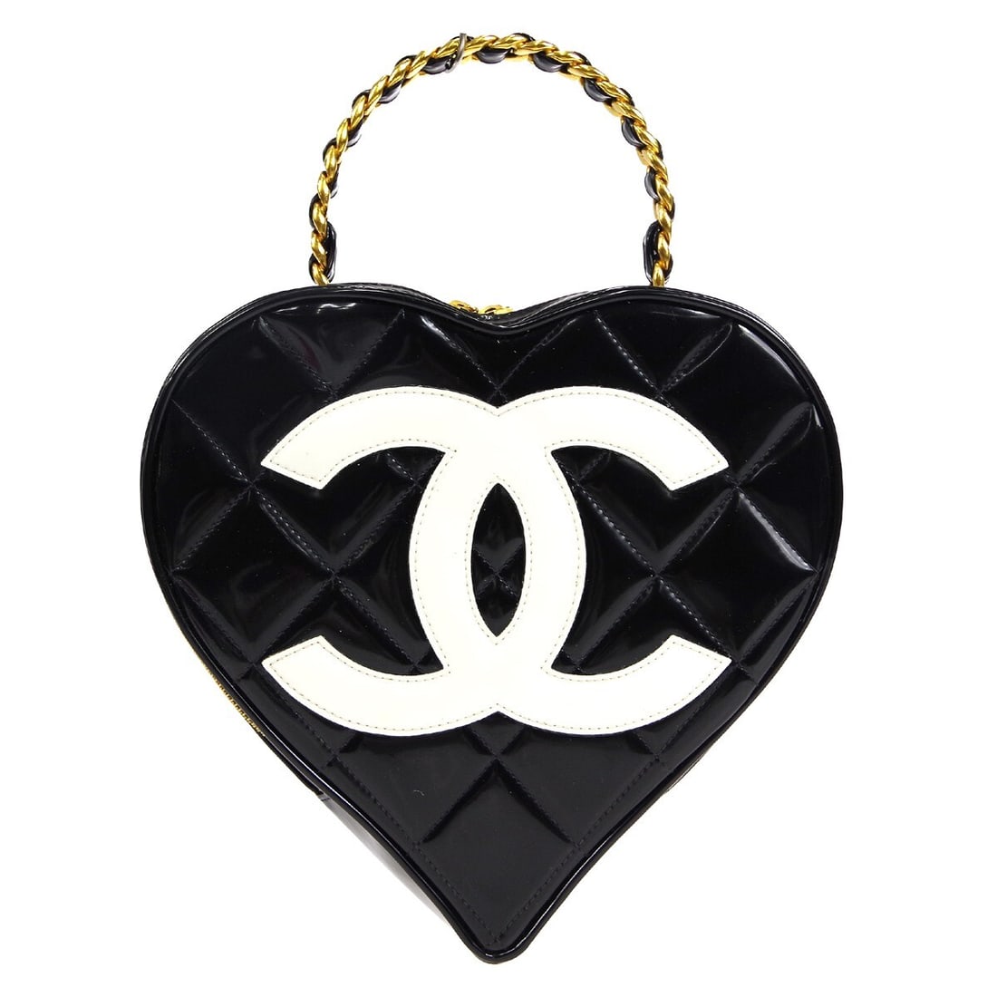 Chanel Quilted Black Patent Leather Heart Vanity Handbag: Chanel Quilted Black Patent Leather Heart Vanity Handbag Elevate your style with this Chanel Black Patent Leather Heart Vanity Handbag, a perfect blend of elegance and functionality. Featuring a chic