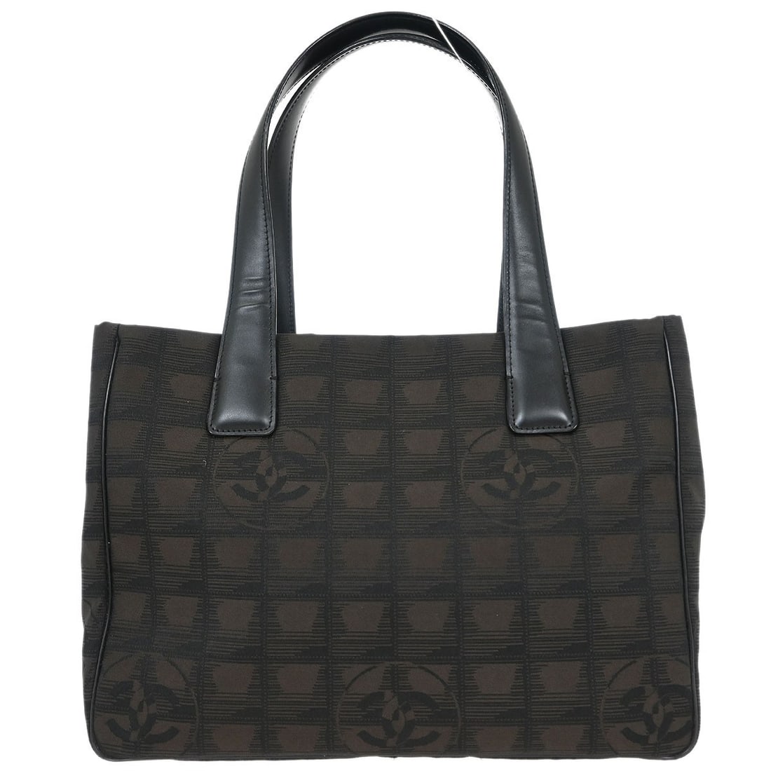 Chanel Travel Line Brown Black Jacquard Nylon Tote Bag: Chanel Travel Line Brown Black Jacquard Nylon Tote Bag This Chanel Tote Bag from the Travel Line combines style and functionality, perfect for casual outings. Crafted from high-quality jacquard nylon