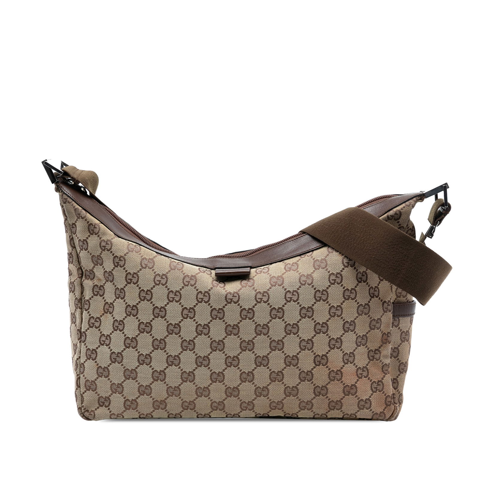 Gucci Brown GG Canvas Saddle Crossbody Bag with Leather Trim: Gucci Brown GG Canvas Saddle Crossbody Bag with Leather Trim This Gucci GG Canvas Saddle Zip Crossbody bag showcases a brown canvas body with leather trim, complemented by an adjustable flat canvas st