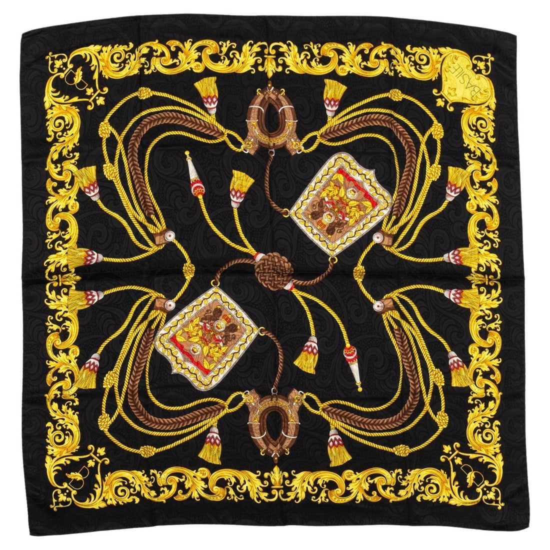 Basile 80s Silk Scarf with Black Ribbons 34 in: Basile 80s Silk Scarf with Black Ribbons 34 in This exquisite Basile 80s Black Ribbons Silk Scarf features a chic design with elegant black ribbons. Crafted from high-quality silk, the scarf showcases