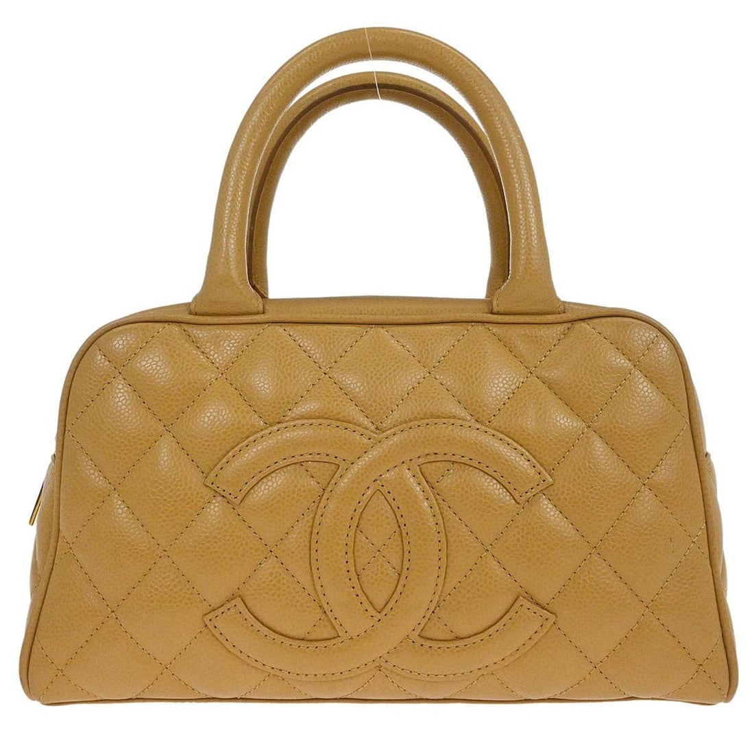 Beige Caviar Leather Top Handle Bowling Bag by Chanel 27: Beige Caviar Leather Top Handle Bowling Bag by Chanel 27 This Chanel bowling bag features beige caviar skin leather with double handles and a zippered closure. The bag is designed in a medium size wit