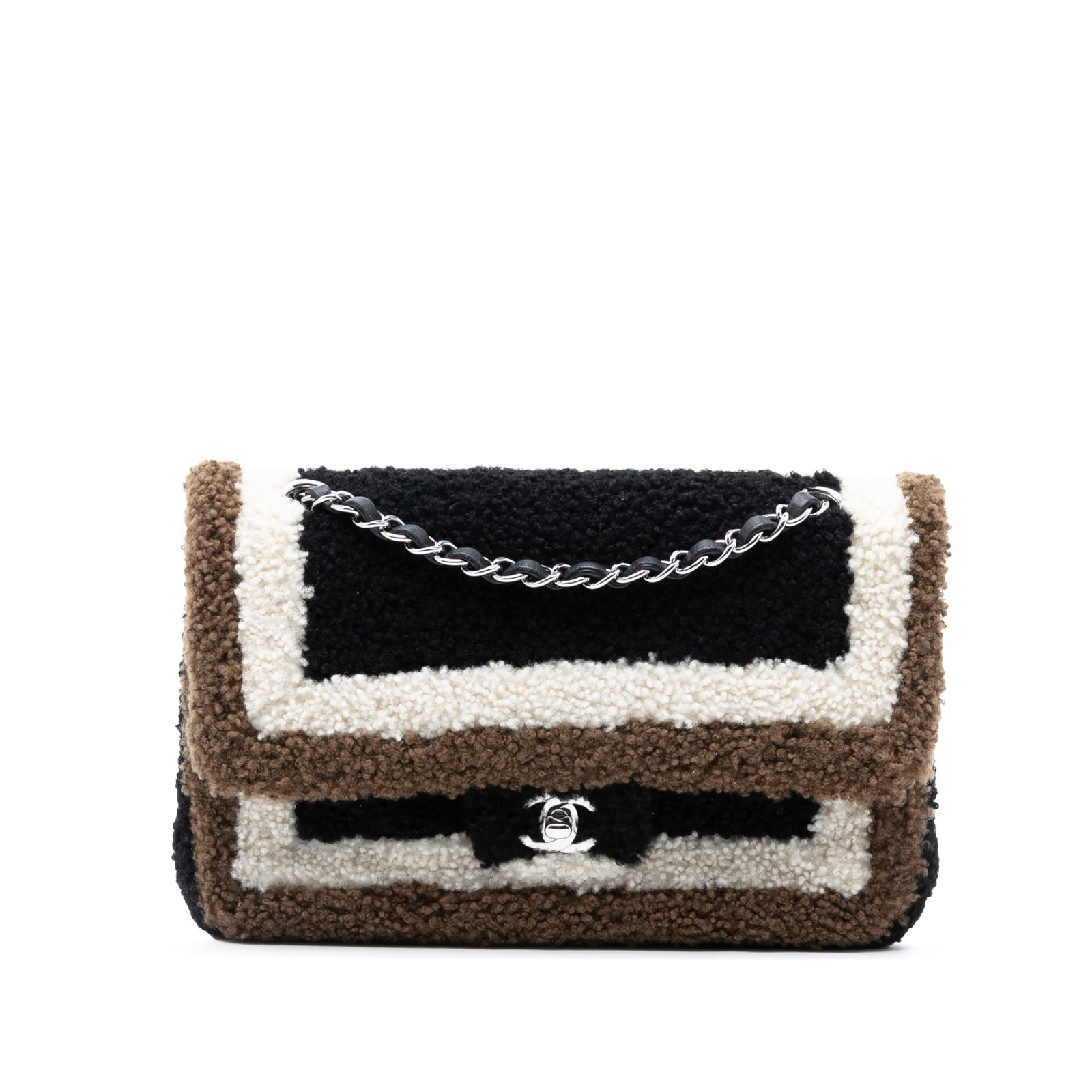 Chanel Medium Classic Double Flap Tricolor Shearling Shoulder Bag: Chanel Medium Classic Double Flap Tricolor Shearling Shoulder Bag This Chanel Medium Classic Tricolor Shearling Double Flap shoulder bag features a shearling body complemented by a leather woven chain