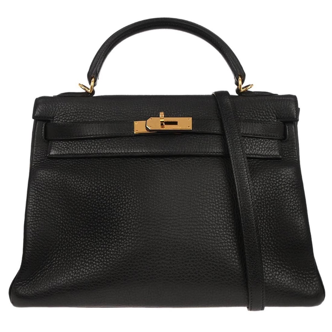 Kelly 32 Black Leather Top Handle Bag With Detachable Strap By Hermes: Kelly 32 Black Leather Top Handle Bag With Detachable Strap By Hermes This Hermes Kelly 32 Retourne 2way handbag is crafted from black Togo leather and features a medium-sized silhouette with a top ha