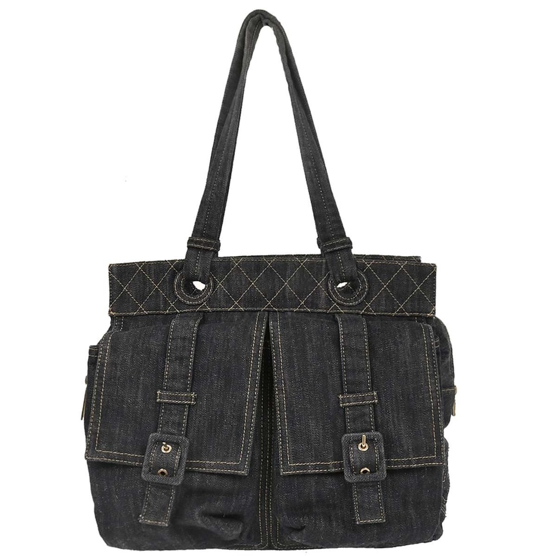 Chanel Navy Sparkling Denim Tote Handbag Large Double Handles: Chanel Navy Sparkling Denim Tote Handbag Large Double Handles Elevate your accessory collection with this chic Chanel Navy Sparkling Denim Tote Handbag. This stylish tote features a spacious interior,