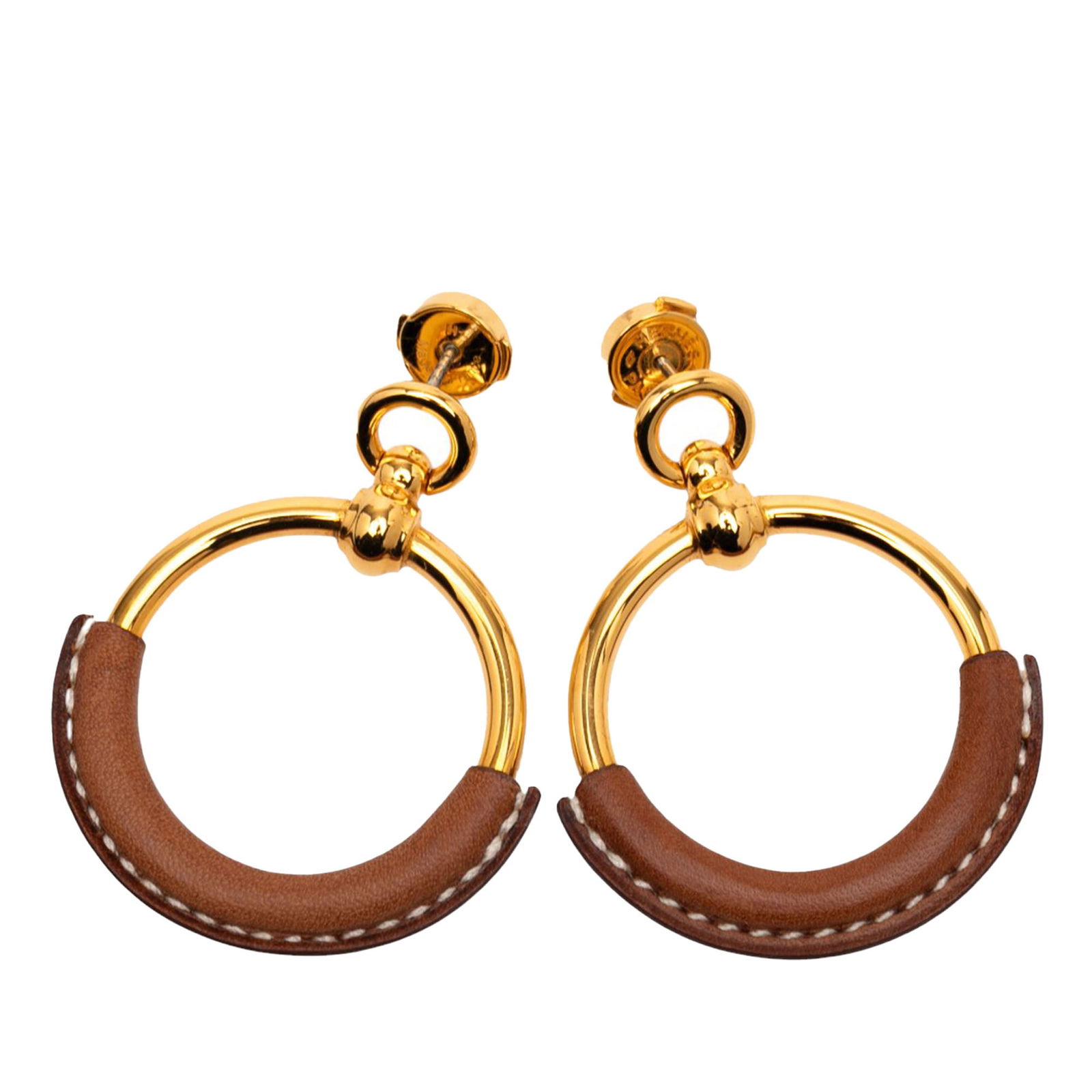 Hermes Gold Plated Barenia Loop Earrings with Leather: Hermes Gold Plated Barenia Loop Earrings with Leather Enhance your accessory collection with these exquisite gold-plated loop earrings from Hermes. Crafted with a luxurious combination of gold-plated