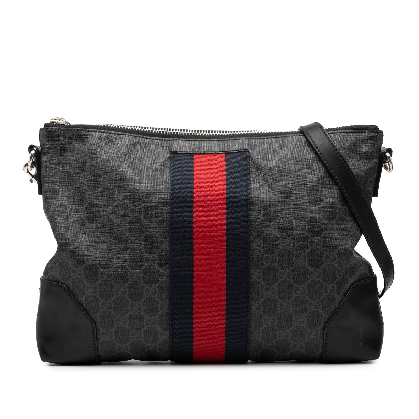 Gucci GG Supreme Web Canvas Crossbody Bag with Leather Trim: Gucci GG Supreme Web Canvas Crossbody Bag with Leather Trim This Gucci GG Supreme Web Crossbody bag showcases a coated canvas body with leather trim, signature web detail, a flat leather strap, top zi