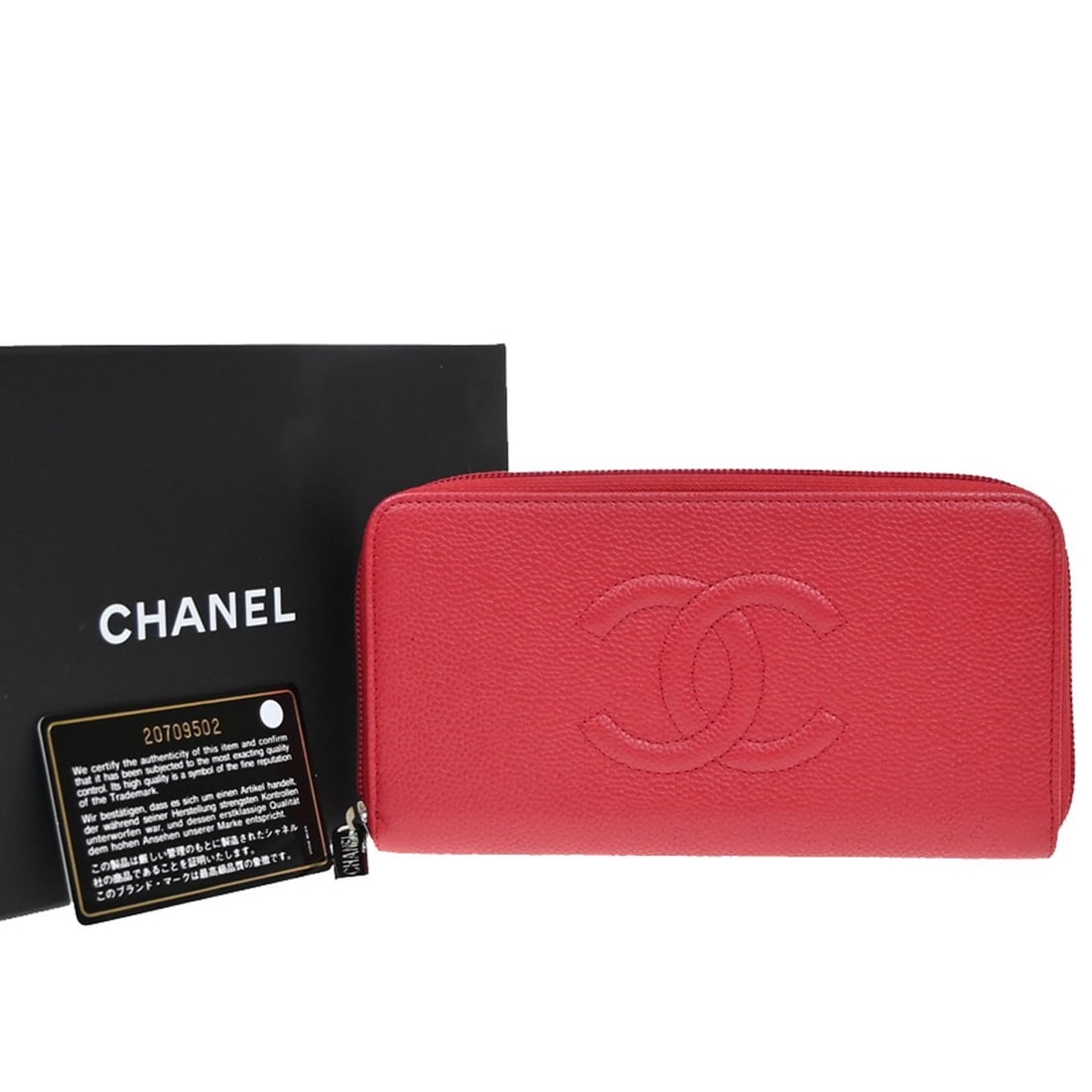 Red Leather Zip-Around Wallet by Chanel for Women 19cm by 10cm: Red Leather Zip-Around Wallet by Chanel for Women 19cm by 10cm This Chanel CC Zip Around Wallet is crafted from red leather and designed for women. The wallet measures 19 cm in width and 10 cm in heig