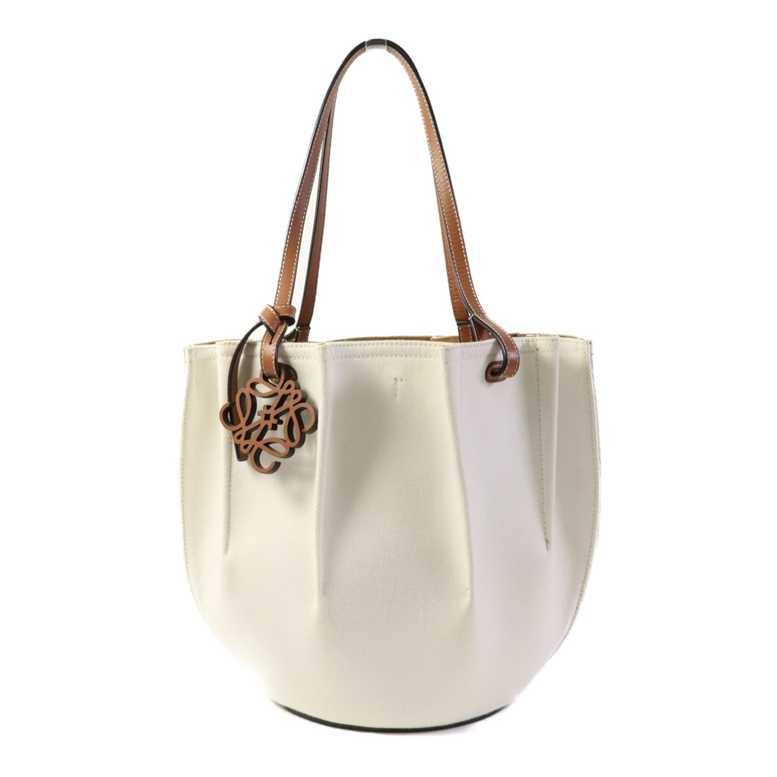 LOEWE Canvas Leather Tote Bag White Brown 10.8H 6.7L: LOEWE Canvas Leather Tote Bag White Brown 10.8H 6.7L This stylish LOEWE tote bag showcases a chic combination of white canvas and leather, perfect for everyday use. With a height of 10.8 inches, a dep