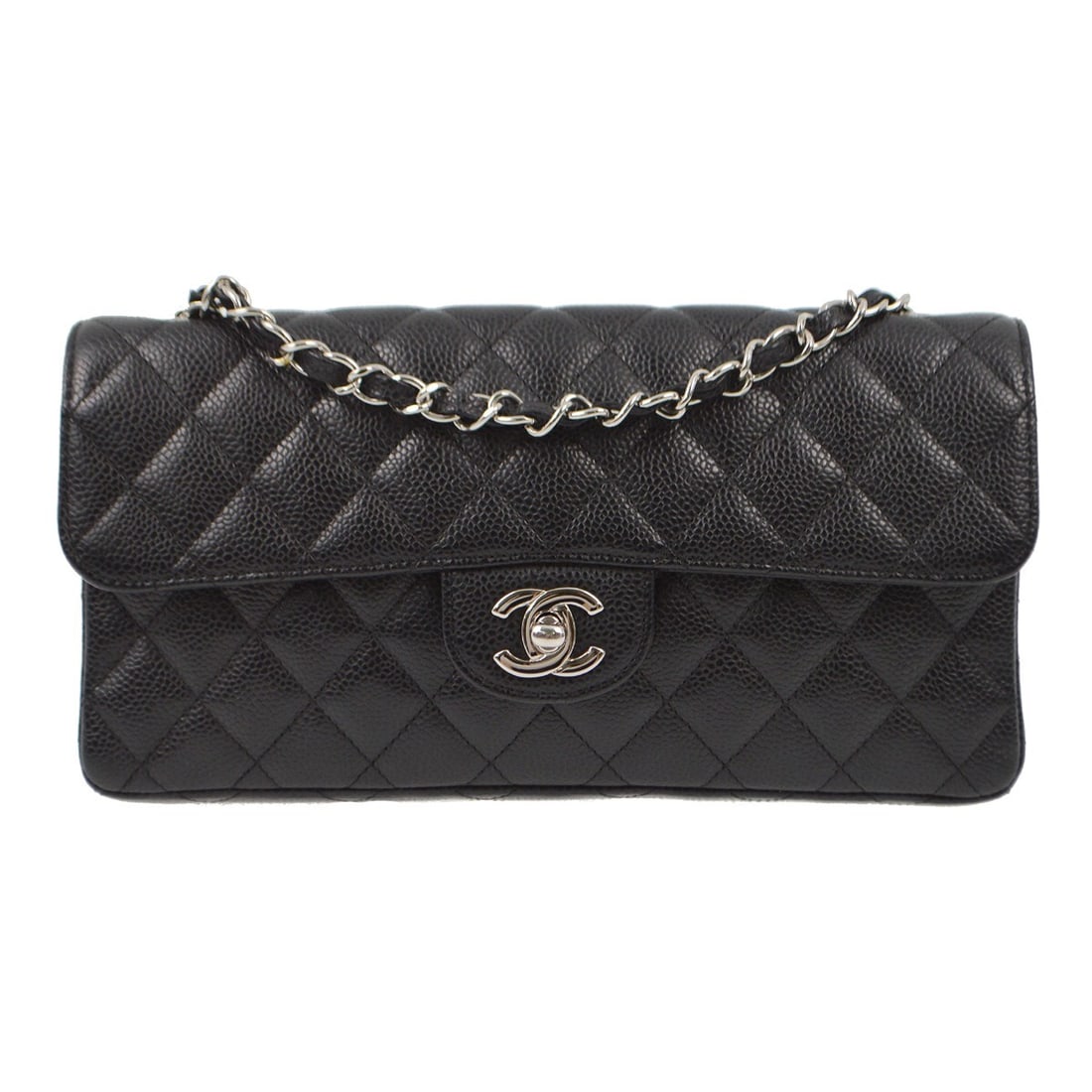 Chanel Black Caviar Leather East West Shoulder Bag with Chain Strap: Chanel Black Caviar Leather East West Shoulder Bag with Chain Strap This Chanel Black Calfskin East West Shoulder Bag combines elegance with functionality, making it perfect for casual occasions. Craf