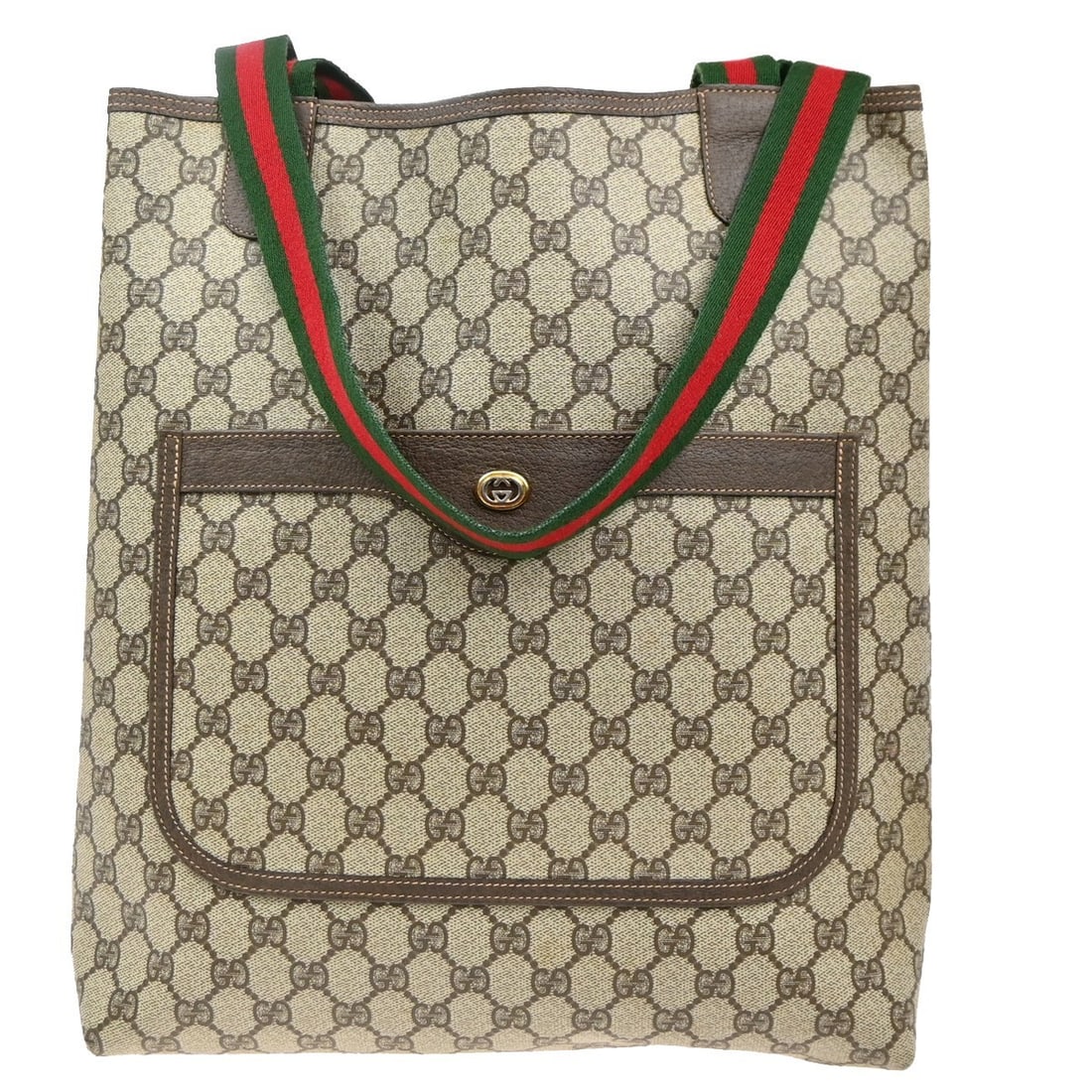 Vintage Gucci Coated Canvas Tote with Web Strap in Beige: Vintage Gucci Coated Canvas Tote with Web Strap in Beige This Gucci Vintage Web Strap Tote for women features beige coated canvas with a signature Web stripe and gold-plated hardware. The tote is craf