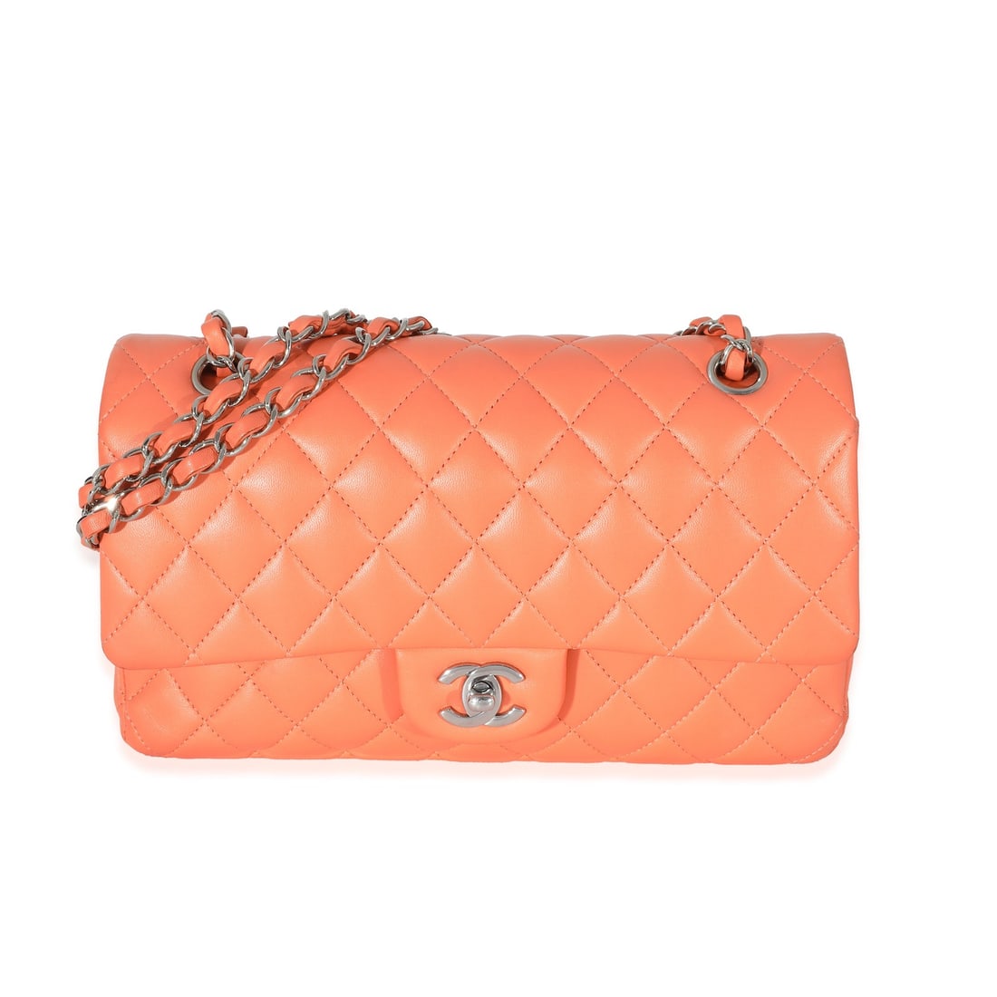 Chanel Medium Classic Double Flap Bag Orange Lambskin 2021 Silver Hardware: Chanel Medium Classic Double Flap Bag Orange Lambskin 2021 Silver Hardware This Chanel Medium Classic Double Flap Bag is a stunning accessory crafted from luxurious orange lambskin leather. With its e