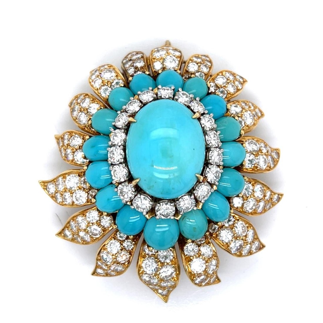 18K Yellow Gold Turquoise Diamond Pendant Brooch 17 Turquoise 146 Diamonds (1 of 6)
