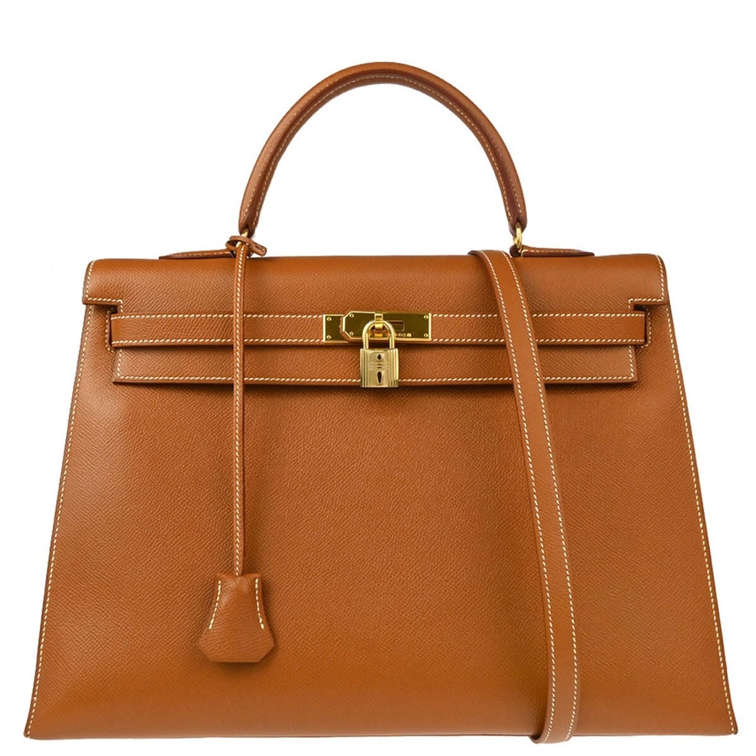 Hermes Kelly 35 Courchevel Gold Hardware 2way Brown Handbag: Hermes Kelly 35 Courchevel Gold Hardware 2way Brown Handbag Elevate your style with the Hermes Gold Courchevel Kelly 35 Sellier 2way Handbag. This exquisite medium-sized handbag features a rich brown