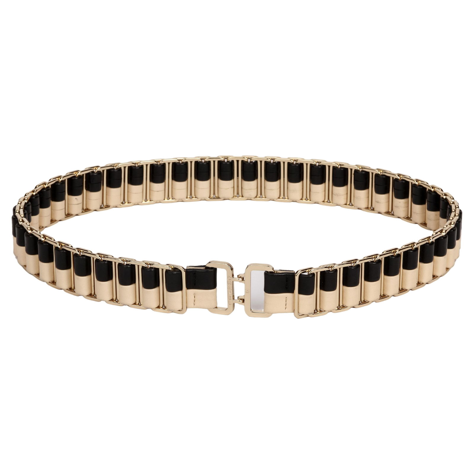 Chanel Cruise 2005 Black Beige Belt with Light Gold Hardware: Chanel Cruise 2005 Black Beige Belt with Light Gold Hardware Elevate your wardrobe with this exquisite Chanel Cruise 2005 belt, featuring a stylish black and beige design complemented by light gold ha