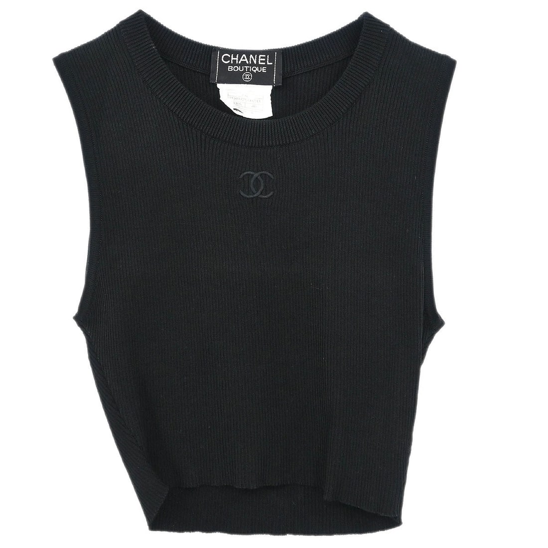 Chanel Black Cropped Sleeveless Tank Top P95 Size 40: Chanel Black Cropped Sleeveless Tank Top P95 Size 40 Elevate your casual wardrobe with this chic Chanel sleeveless tank top. Crafted in France from 100% cotton, this cropped black tank features a comf