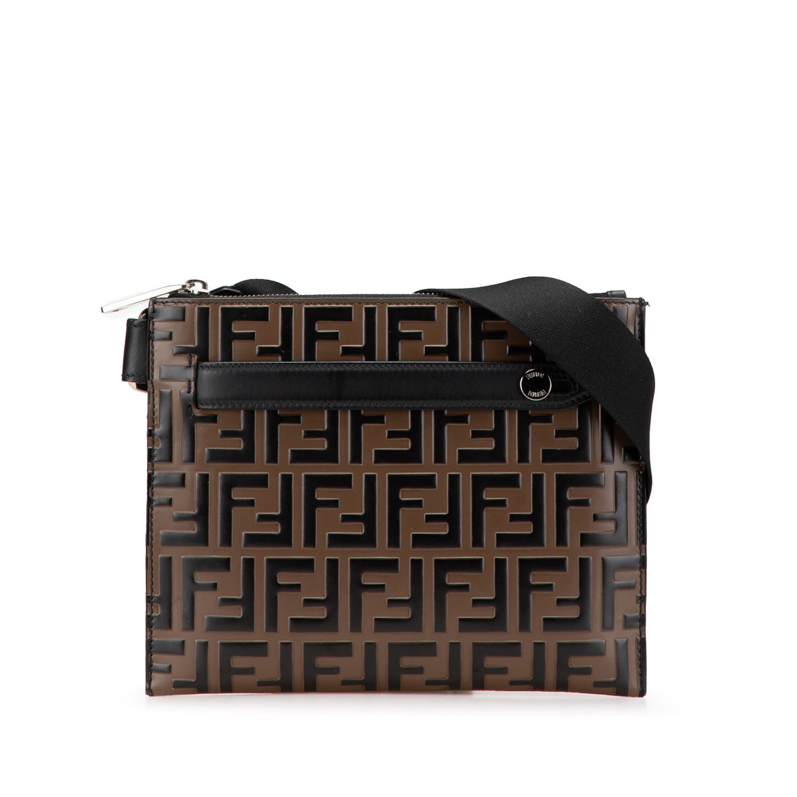 Fendi FF Embossed Leather 1974 Crossbody Bag Brown Italy: Fendi FF Embossed Leather 1974 Crossbody Bag Brown Italy Elevate your accessory collection with the Fendi FF Embossed Leather 1974 Crossbody bag. Crafted from embossed leather, this stylish crossbody