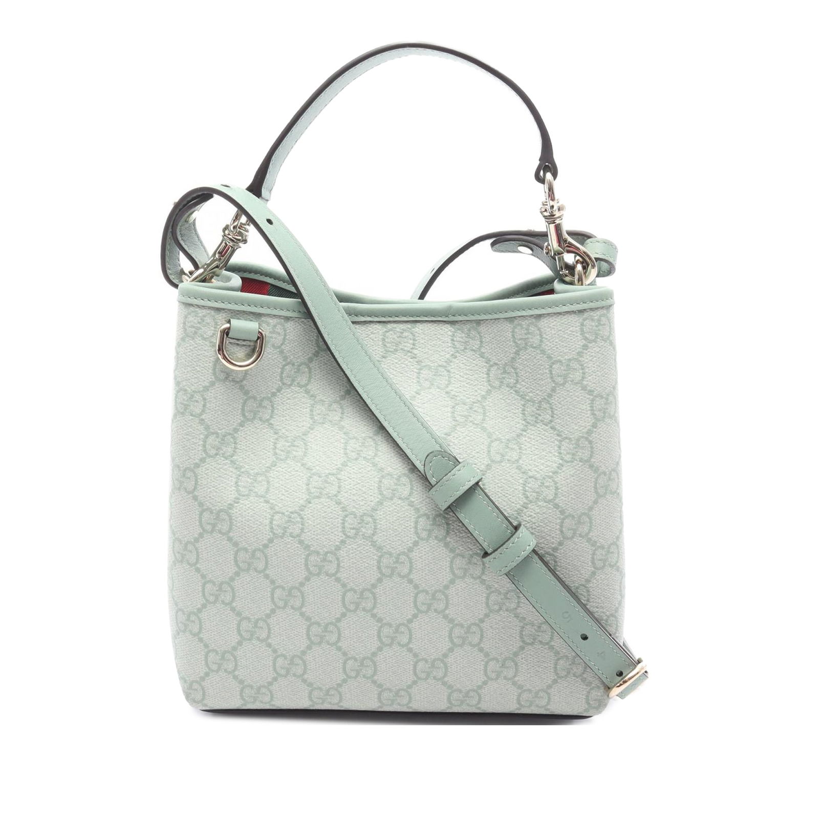 Gucci Small GG Supreme Emblem Green Bucket Bag: Gucci Small GG Supreme Emblem Green Bucket Bag The Gucci Small GG Supreme Emblem Bucket Bag is a stylish accessory crafted from coated canvas with leather trim. This chic bucket bag features a detacha