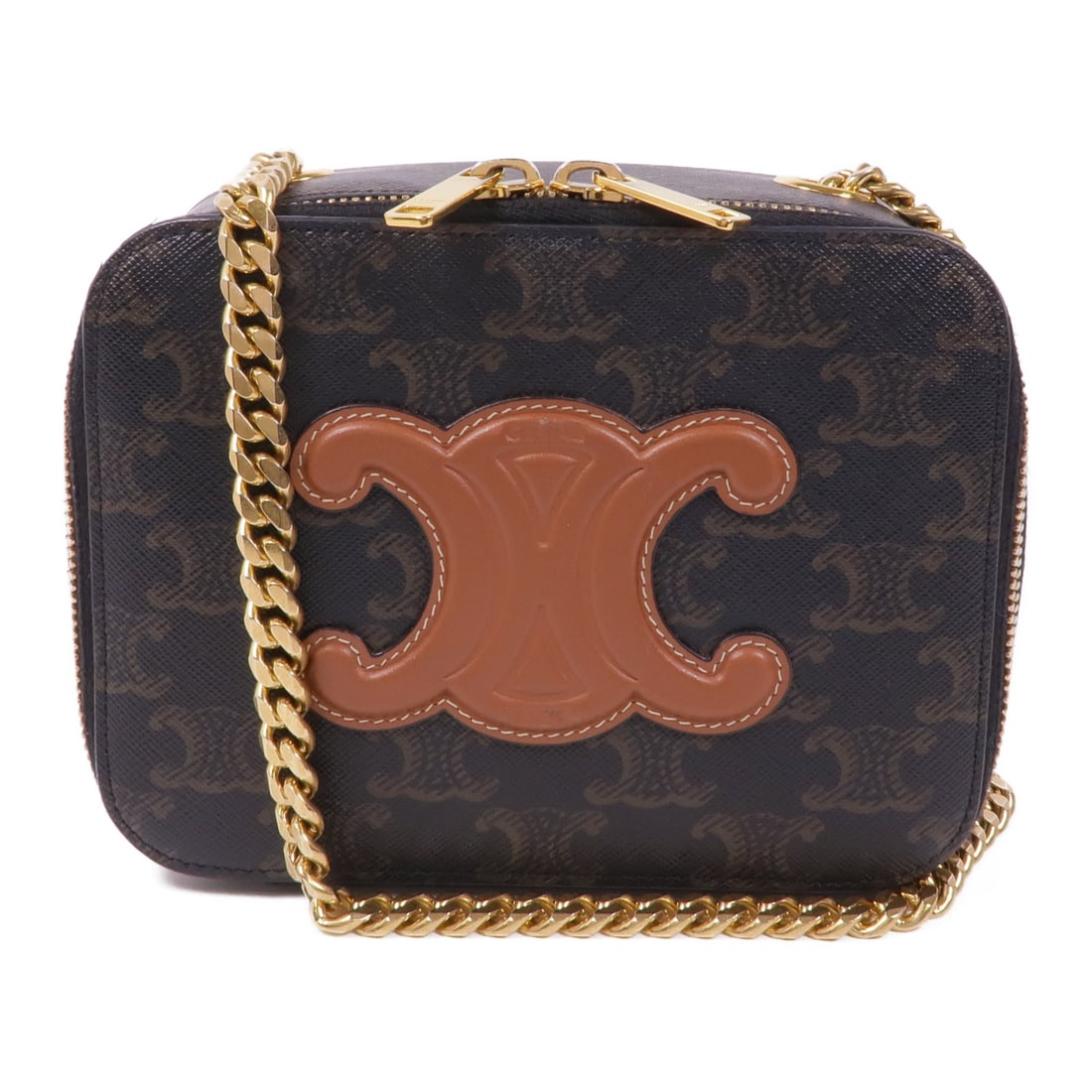 CELINE Triomphe Chain Shoulder Bag Coated Canvas Dark Brown GHW: CELINE Triomphe Chain Shoulder Bag Coated Canvas Dark Brown GHW Presenting the CELINE Triomphe Chain Shoulder Bag, a stylish accessory crafted from durable PVC coated canvas in a rich dark brown hue.