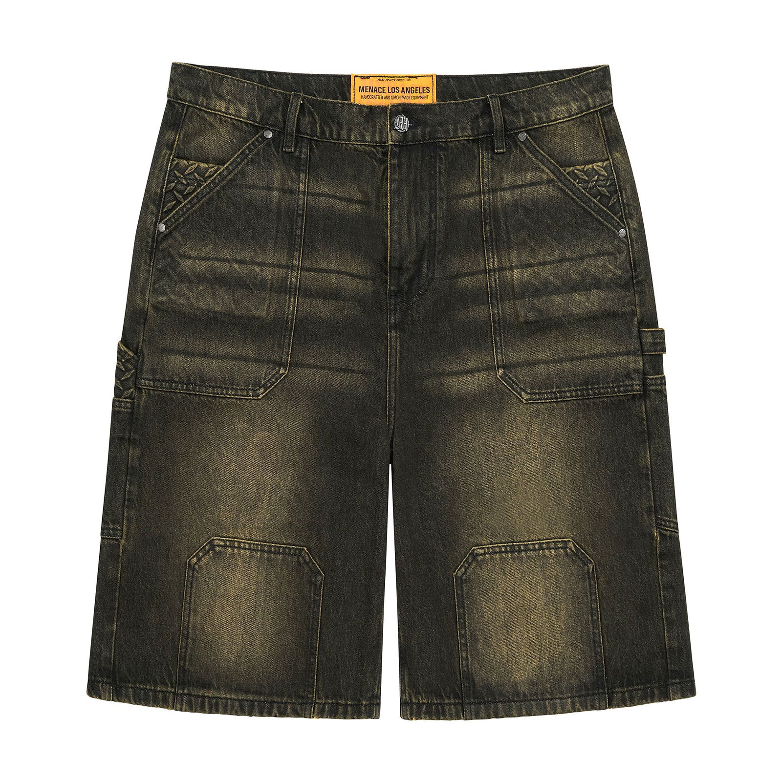 Rusty Black Washed Denim Carpenter Shorts with Steel Embossed Texture: Rusty Black Washed Denim Carpenter Shorts with Steel Embossed Texture These carpenter shorts feature a steel-embossed textured finish on washed black denim with a subtle rusty patina, offering a rugge