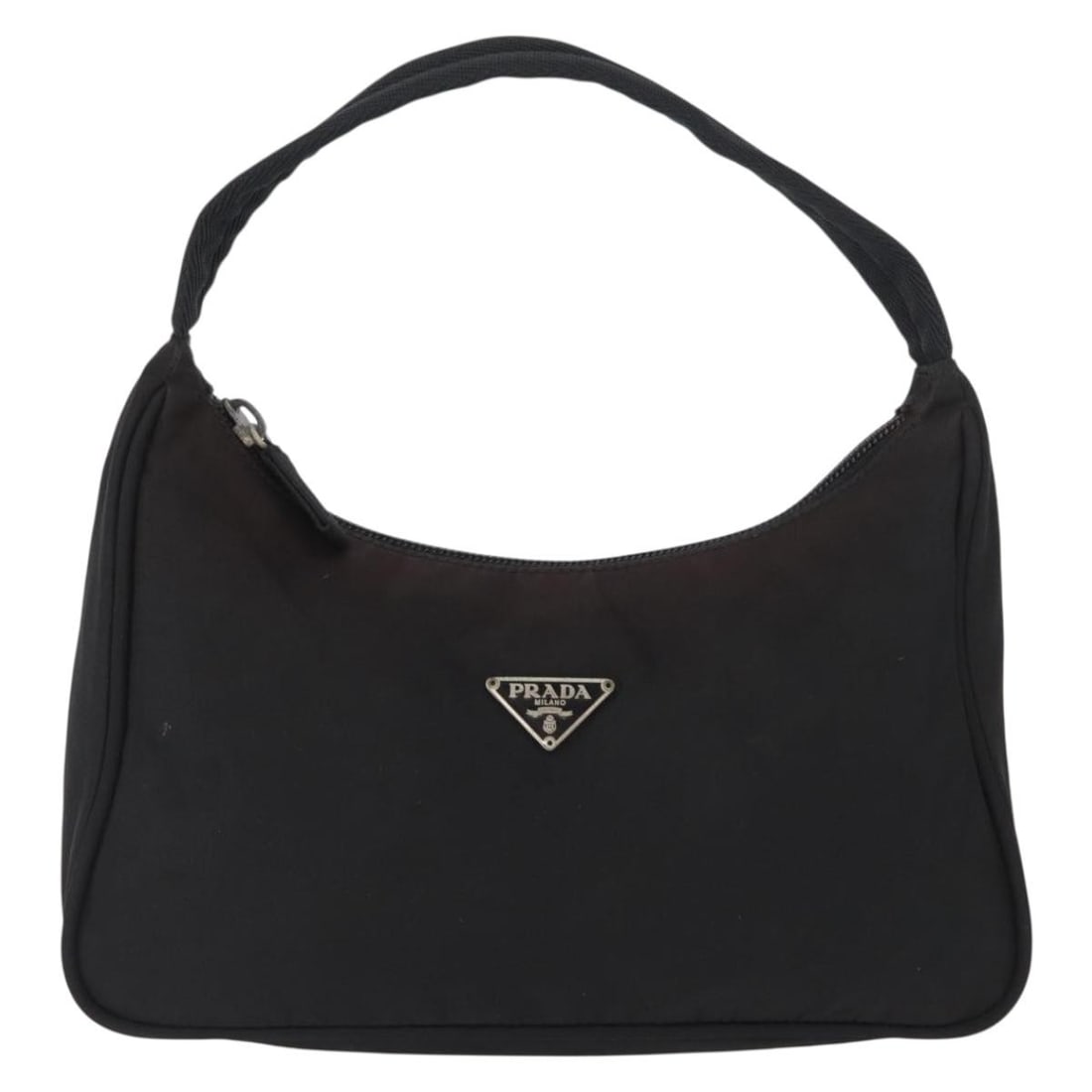 Black Nylon Prada Hobo Bag 23cm by 13cm by 6cm for Women: Black Nylon Prada Hobo Bag 23cm by 13cm by 6cm for Women This Prada Hobo bag for women is crafted from black nylon material. It features a hobo design with metal fittings. The bag shows signs of wear