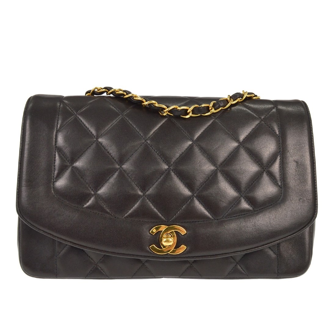 Chanel Diana Medium Quilted Black Lambskin Leather Shoulder Bag: Chanel Diana Medium Quilted Black Lambskin Leather Shoulder Bag This Chanel Diana shoulder bag is crafted from black quilted lambskin leather and features a medium size, flap turnlock closure, and a c