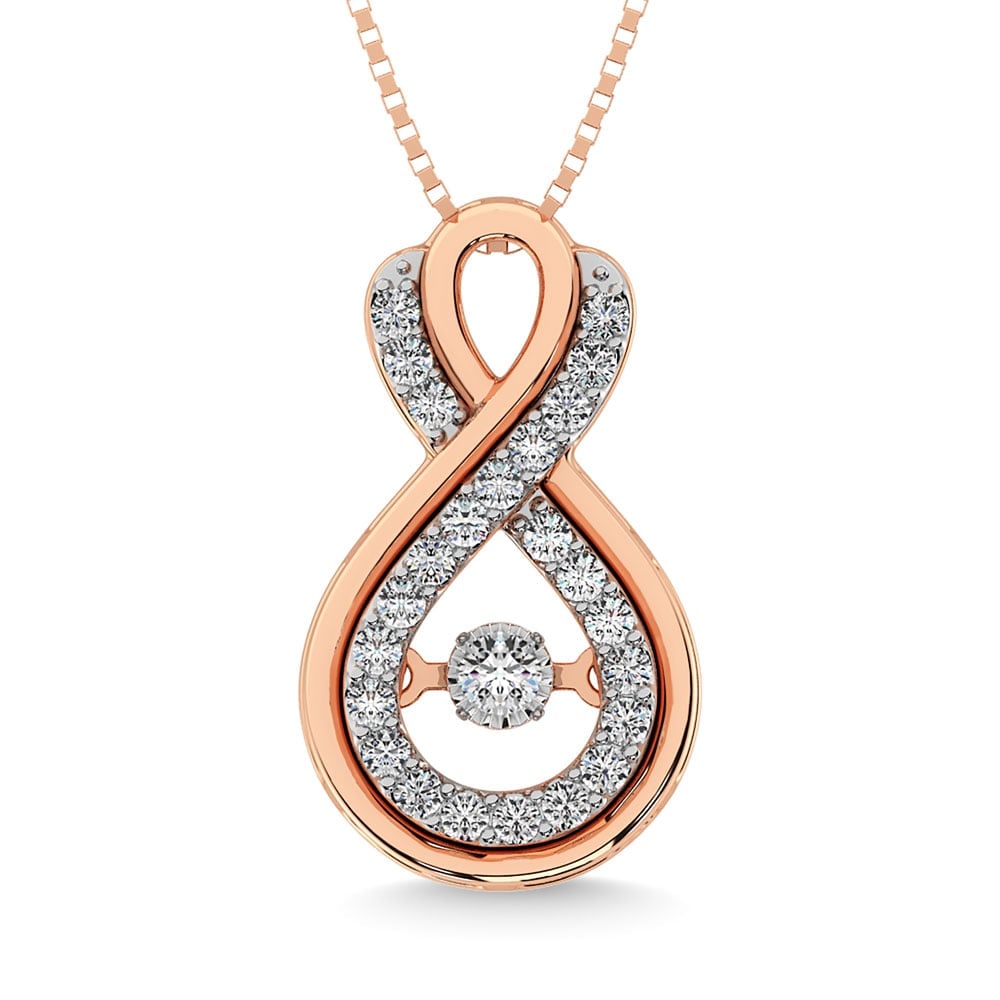 Diamond 1/5 Ct.Tw. Infinity Pendant in 10K Rose Gold: Diamond 1/5 Ct.Tw. Infinity Pendant in 10K Rose Gold 14k Rose Gold Stone Color: G-h Stone Clarity: I1 Unless otherwise specified, pendants that include a chain are paired with our standard 18-inch