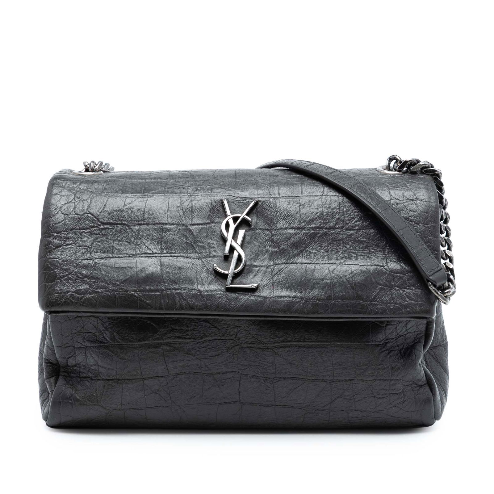 Black Leather West Hollywood Medium Crossbody Bag by Saint Laurent: Black Leather West Hollywood Medium Crossbody Bag by Saint Laurent This Saint Laurent Medium Croc Embossed Calfskin Monogram West Hollywood Crossbody bag showcases an embossed leather body in black, c