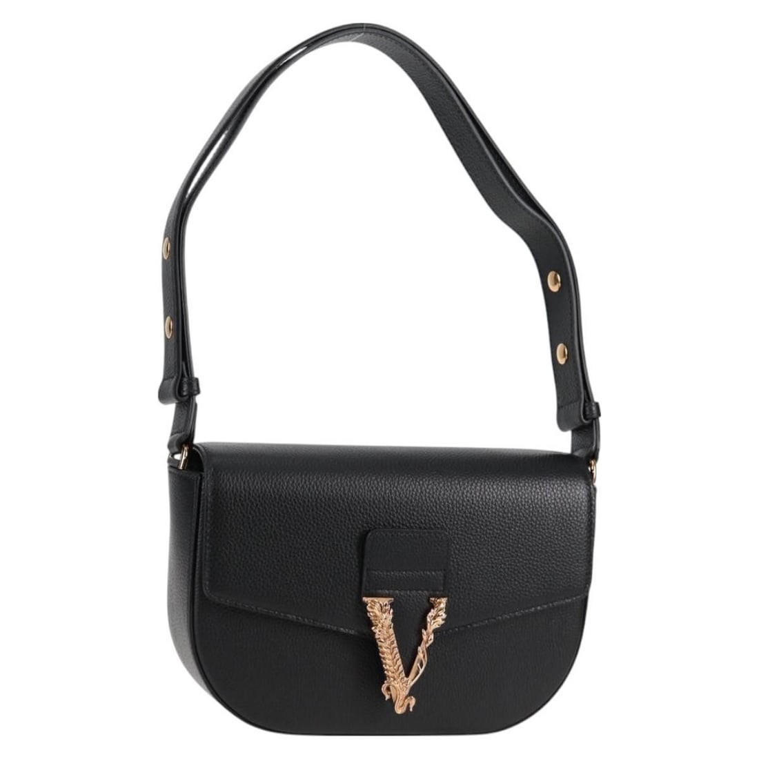 Versace Leather Virtus Flap Messenger Bag Black 23cm by 14cm by 6cm: Versace Leather Virtus Flap Messenger Bag Black 23cm by 14cm by 6cm This Versace Virtus flap messenger bag features black leather construction designed for women. It offers excellent condition on the