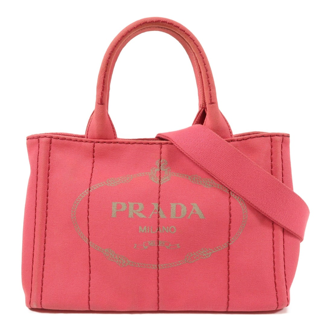 PRADA Pink Canvas 2 Way Shoulder Bag GHW Made in Italy: PRADA Pink Canvas 2 Way Shoulder Bag GHW Made in Italy This PRADA 2 Way Shoulder Bag combines elegance and functionality, crafted from high-quality canvas in a delightful pink hue. Designed for versat