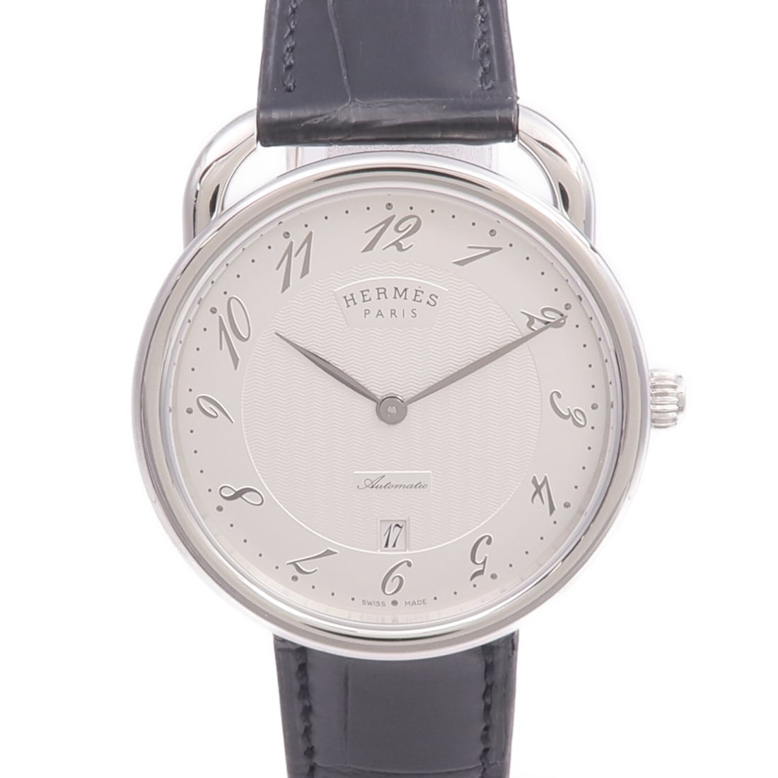 Hermes Arceau AR8.61aq Stainless Steel Automatic Silver Dial Watch: Hermes Arceau AR8.61aq Stainless Steel Automatic Silver Dial Watch This HERMES Arceau AR8.61aq wristwatch features a stainless steel case and band with an opaline silvered dial. The watch operates on