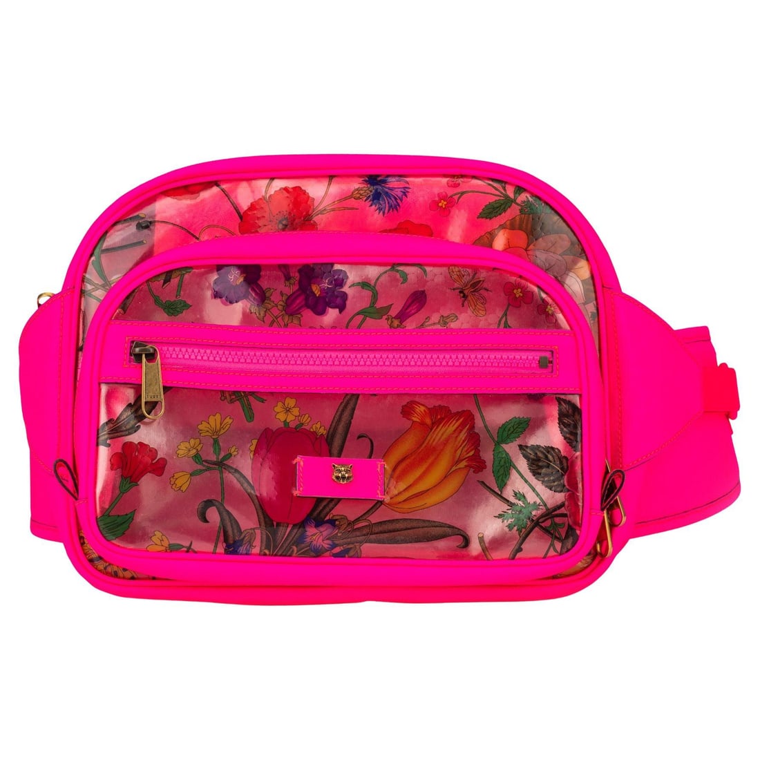 Gucci Pink Fluo PVC Flora Fanny Pack New Italy: Gucci Pink Fluo PVC Flora Fanny Pack New Italy Stylishly designed by Gucci, this Pink Fluo PVC Flora Fanny Pack is both functional and fashionable. Made from high-quality PVC, it features a vibrant fl