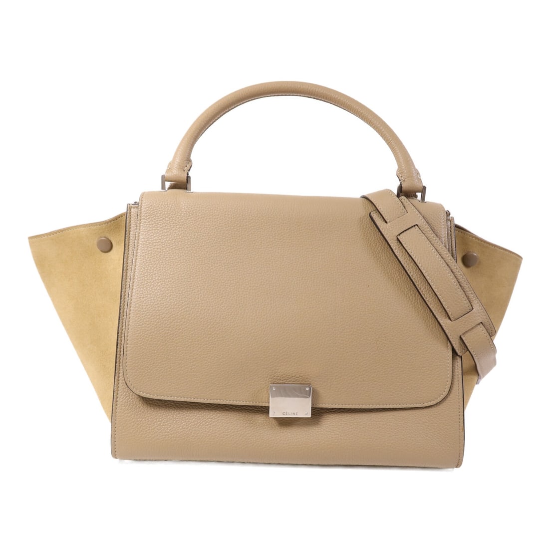 Celine Trapeze Khaki Calfskin Leather Silver Hardware 2-Way Shoulder Bag: Celine Trapeze Khaki Calfskin Leather Silver Hardware 2-Way Shoulder Bag This CELINE Trapeze 2-way shoulder bag features luxurious calfskin leather in a khaki color. The bag offers versatile carrying