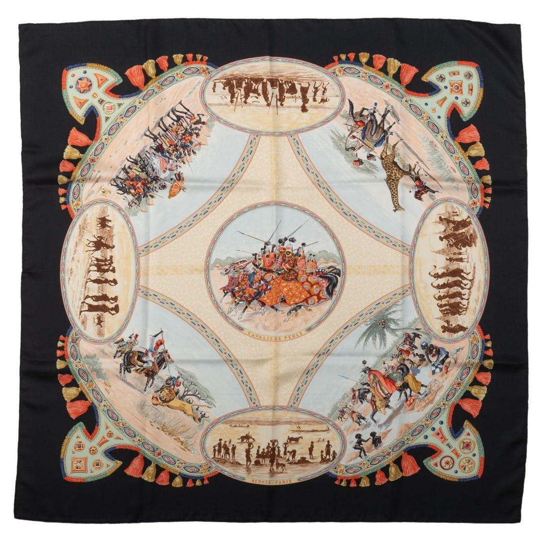 Hermes Cavaliers Peuls Green Silk Scarf 35 in France: Hermes Cavaliers Peuls Green Silk Scarf 35 in France This exquisite Hermes Cavaliers Peuls Silk Scarf is a stunning addition to any collection. Crafted in France, this scarf features a vibrant green c