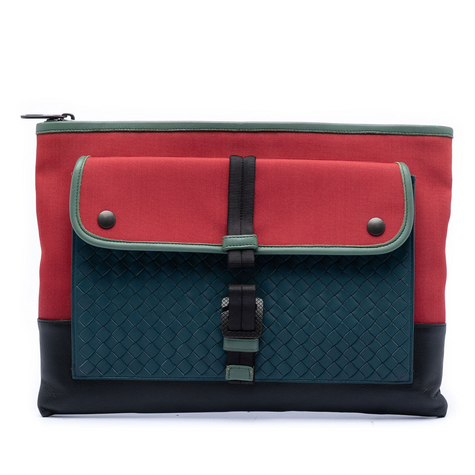 Canvas and Nappa Intrecciato Clutch Bag by Bottega Veneta: Canvas and Nappa Intrecciato Clutch Bag by Bottega Veneta This Bottega Veneta clutch features a canvas body with leather trim, a top zip closure, and an exterior front flap compartment secured by a ho