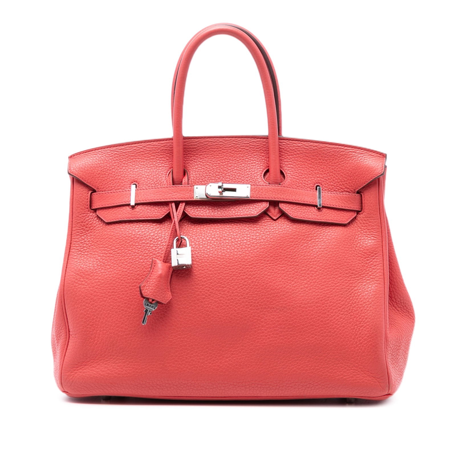 Hermes Birkin 35 Clemence Leather Bag in Bougainvillea Red: Hermes Birkin 35 Clemence Leather Bag in Bougainvillea Red The Hermes Clemence Birkin Retourne 35 is crafted from Clemence leather in a vibrant Bougainvillea red. It features rolled leather handles, a