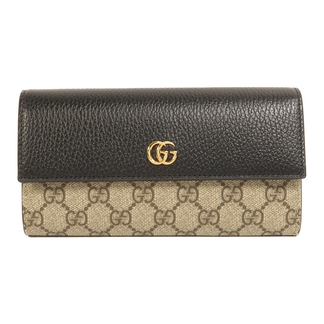 Black and Brown GG Bifold Wallet by Gucci with Gold Hardware: Black and Brown GG Bifold Wallet by Gucci with Gold Hardware This Gucci long wallet features a bifold design crafted from black PVC coated canvas with calfskin leather accents. The wallet showcases a