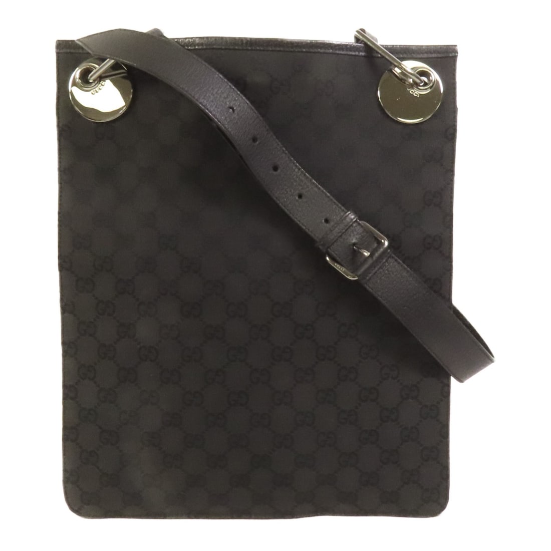 Gucci GG Canvas Black Shoulder Bag with Silver Hardware: Gucci GG Canvas Black Shoulder Bag with Silver Hardware This Gucci GG shoulder bag features a stylish black canvas exterior with silver-tone hardware. Designed for everyday use, it offers both durabil