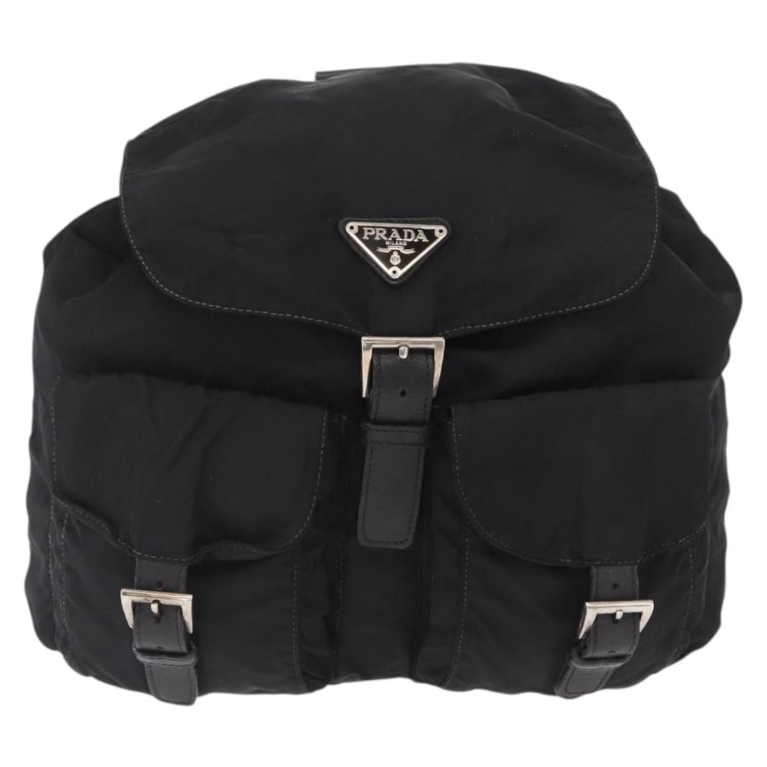 Black Nylon Prada Backpack with Dual Front Pockets 31x27x12cm: Black Nylon Prada Backpack with Dual Front Pockets 31x27x12cm This Prada Double Front Pocket Backpack is crafted from black nylon, designed for unisex use. It features two front pockets and shows sign