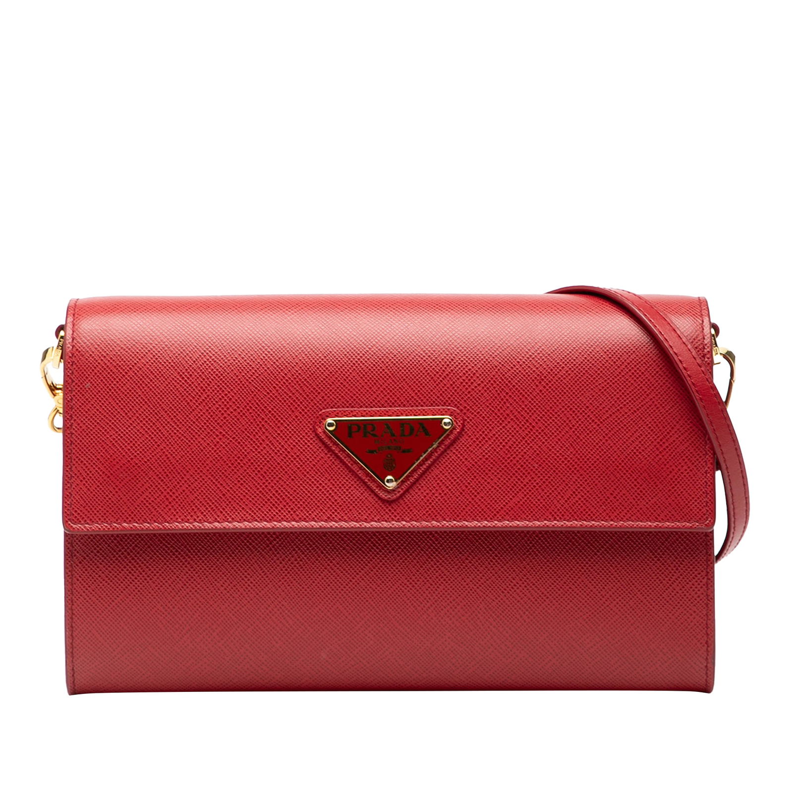 Red Saffiano Leather Wallet with Strap by Prada: Red Saffiano Leather Wallet with Strap by Prada This Prada Saffiano Wallet on Strap is crafted from saffiano leather in a striking red hue. It features a detachable and adjustable leather strap, a fro